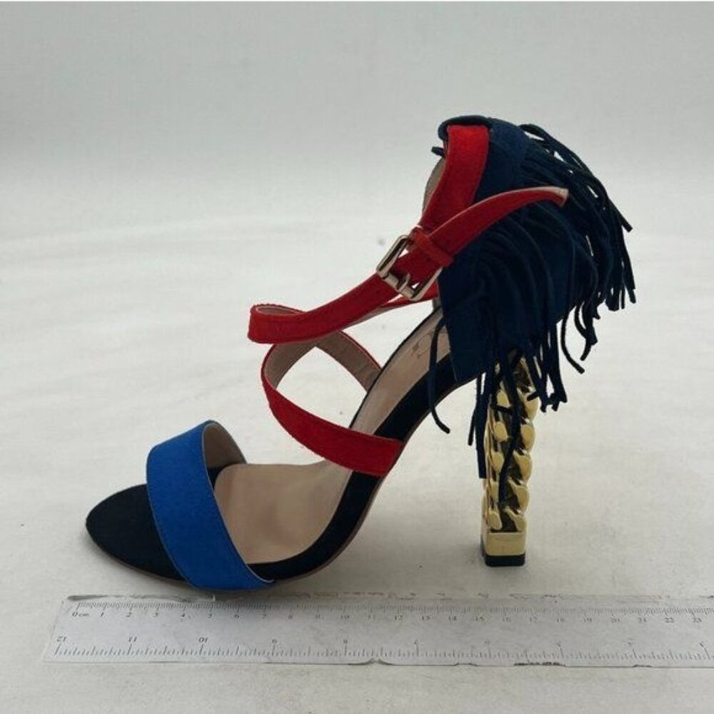 Women Summer Gold Metal Chain Chunky Heeled Open Toe Sandals Ankle Strap Shoes w
